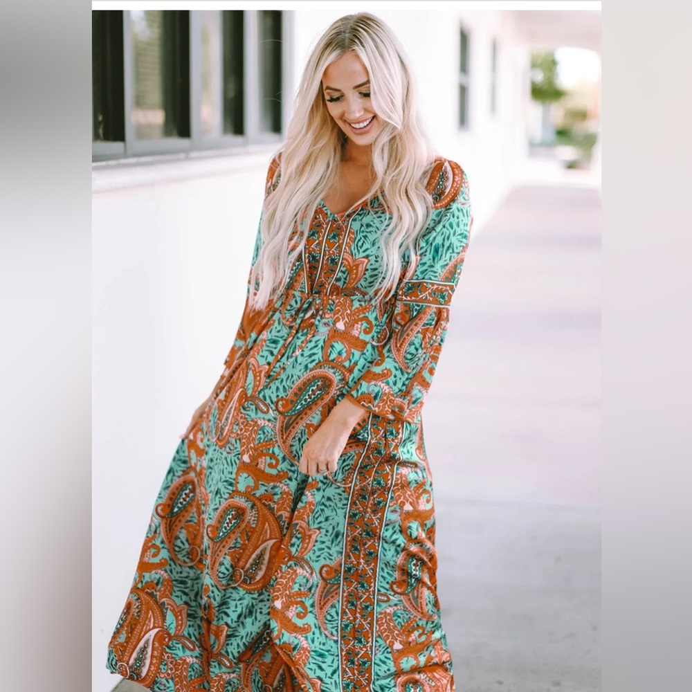 NWOT Green and Orange Boho Paisley Mix Print Long Sleeve V-Neck Tie Maxi Dress